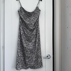 NWOT RE:NAMED MADDY MIDI SLIP DRESS IN BLACK + WHITE LEOPARD PRINT